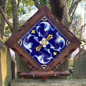 Vintage Handmade Tile Trivet Wood Key Holder Wall Hang